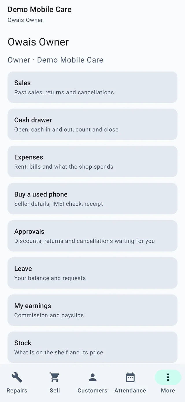 The Android app's menu: sales, cash drawer, expenses, buying a used phone, approvals, leave, earnings and stock.