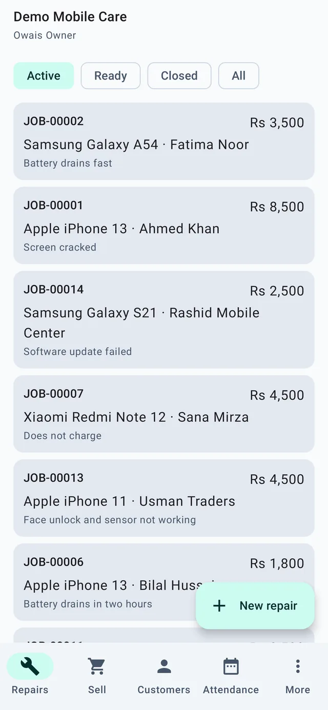 The Android app showing a list of repair jobs with their status and amount due.