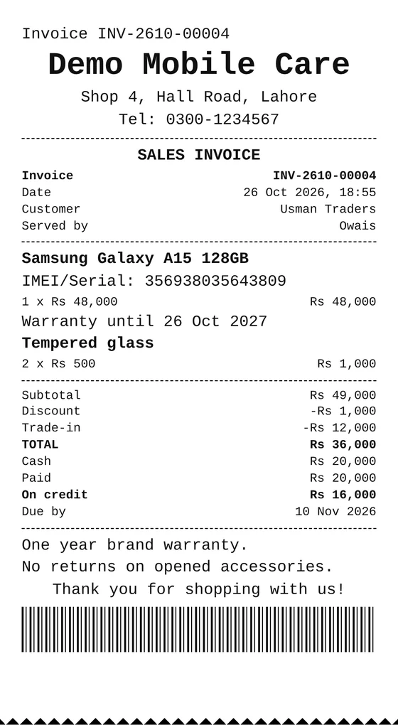 A printed sales invoice with items, discount, total, payment and warranty.