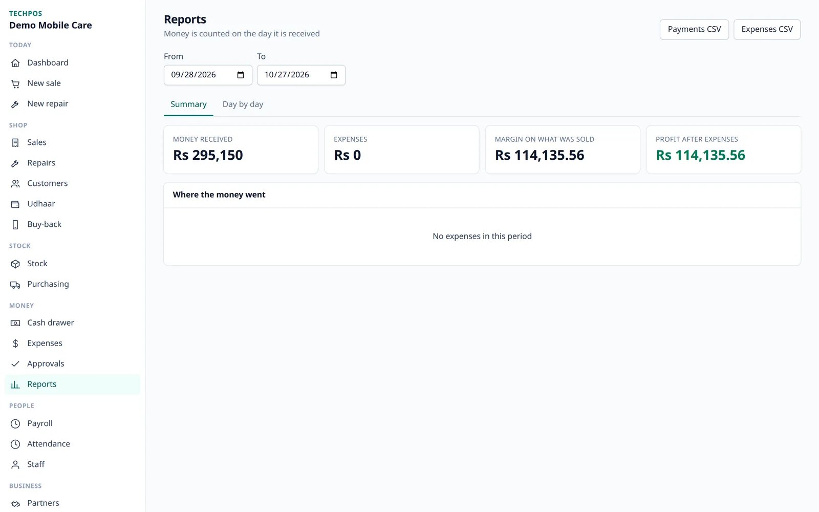 The reports page: money received, expenses, margin and profit after expenses for a date range.