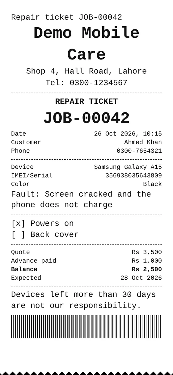 A printed repair ticket with the device, fault, quote, advance paid and balance.