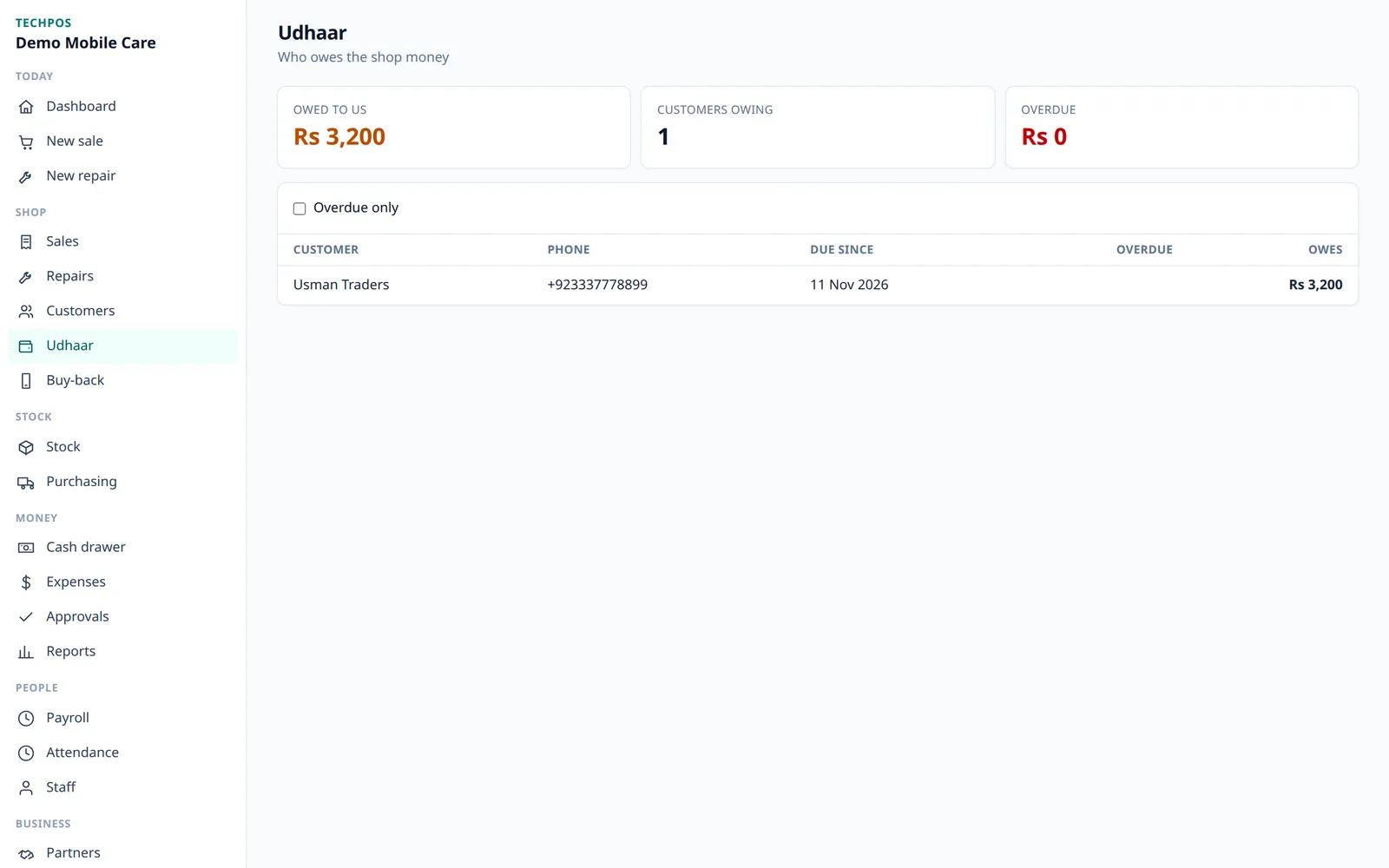 The udhaar page: how much customers owe, how many customers owe, and what is overdue.